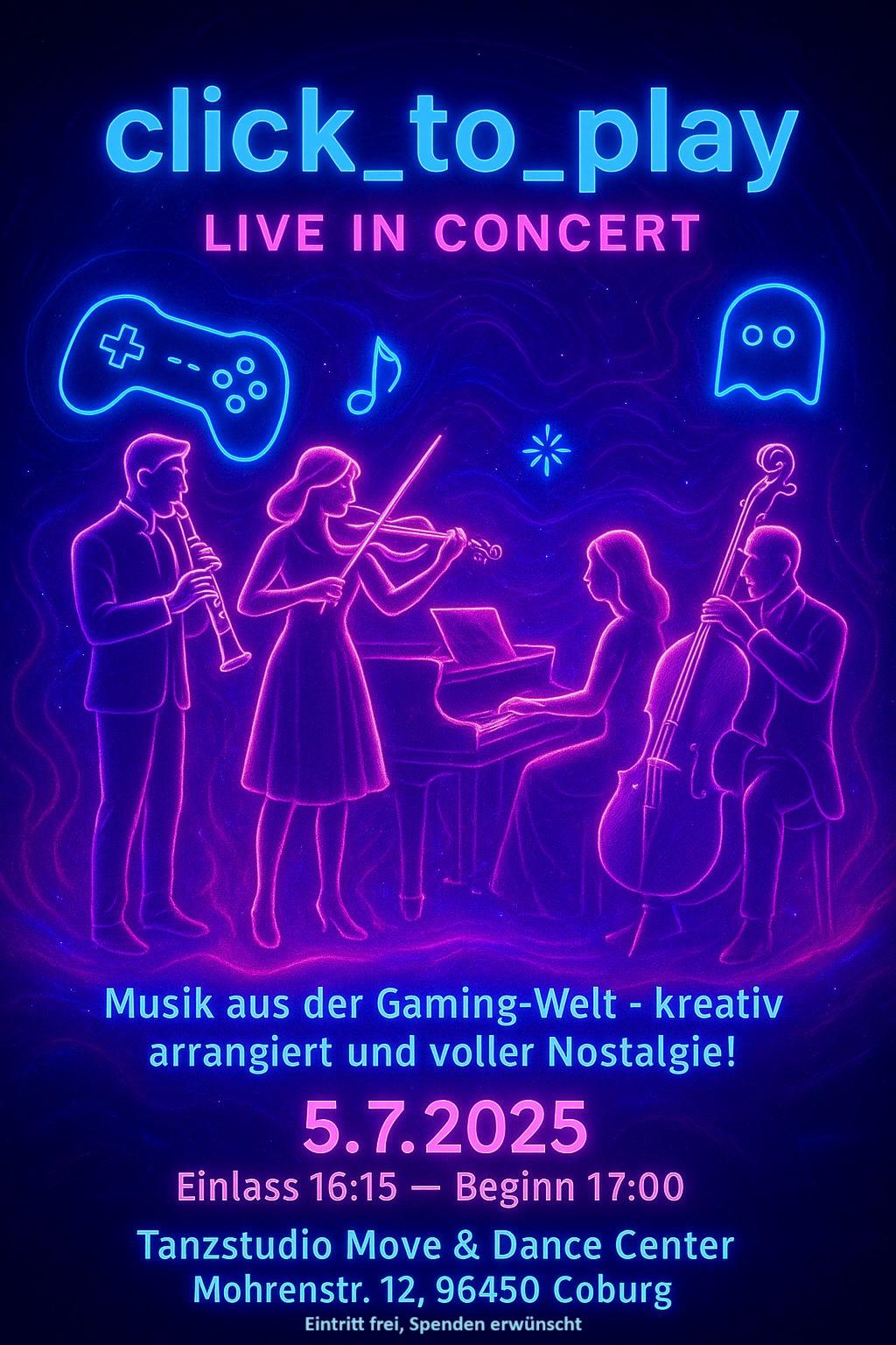 Konzertplakat click_to_play 2025 mit Gaming-Instrumenten und Musikern